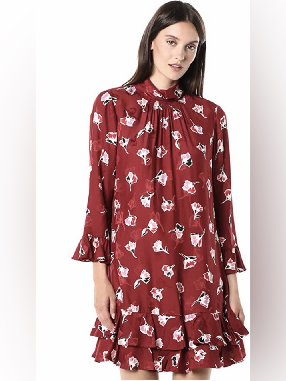 Rebecca Taylor Ikat Paintbrush Ruffle Dress Cabernet Floral Silk Size 2 NWT
